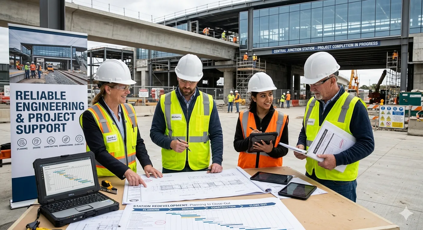 Engineering team reviewing project documentation